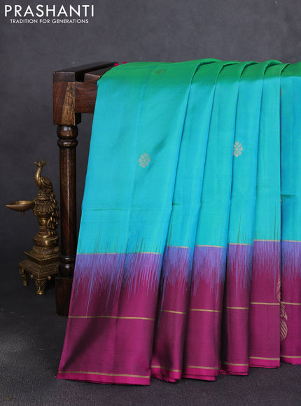 Pure soft silk saree teal blue and magenta pink with zari woven buttas and elephant zari woven butta border