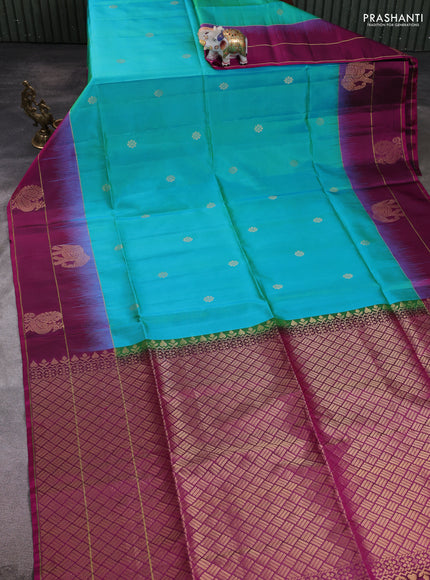 Pure soft silk saree teal blue and magenta pink with zari woven buttas and elephant zari woven butta border