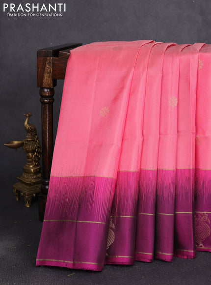 Pure soft silk saree peach pink and magenta pink with zari woven buttas and elephant zari woven butta border