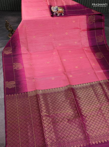 Pure soft silk saree peach pink and magenta pink with zari woven buttas and elephant zari woven butta border