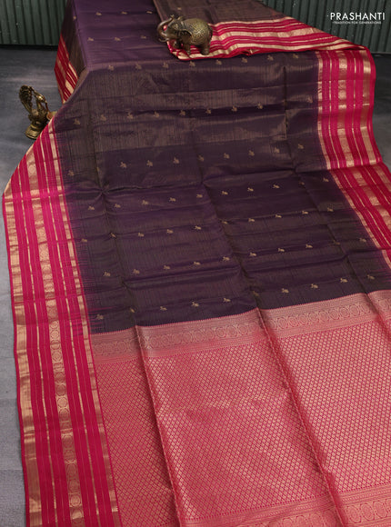 Pure soft silk saree deep jamun and pink with allover zari weaves & buttas and long zari woven border