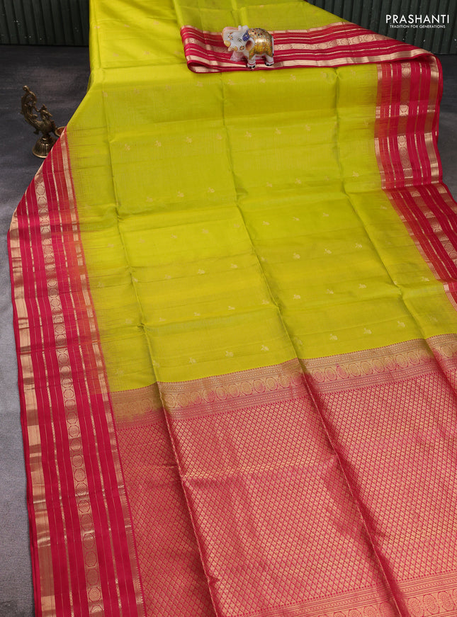 Pure soft silk saree fluorescent green and pink with allover zari weaves & buttas and long zari woven border