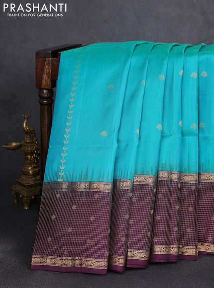 Pure soft silk saree teal blue and purple with zari woven buttas and zari checked butta border