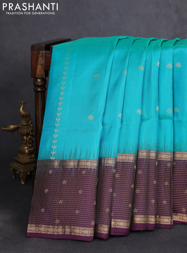 Pure soft silk saree teal blue and purple with zari woven buttas and zari checked butta border