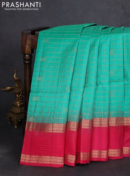 Pure soft silk saree teal green and pink with allover zari checks & buttas and rettapet zari woven border