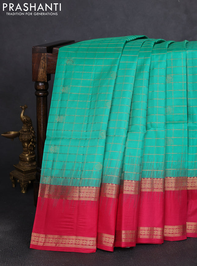 Pure soft silk saree teal green and pink with allover zari checks & buttas and rettapet zari woven border
