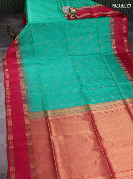 Pure soft silk saree teal green and pink with allover zari checks & buttas and rettapet zari woven border