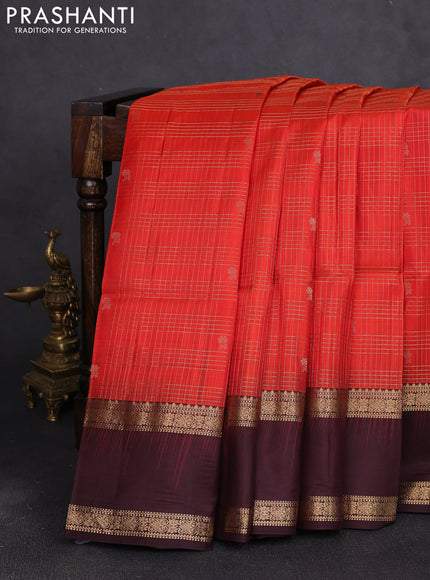 Pure soft silk saree orange and coffee brown with allover zari checks & buttas and rettapet zari woven border