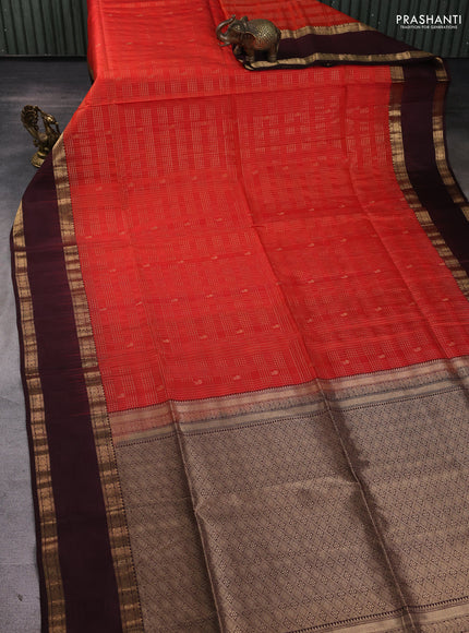 Pure soft silk saree orange and coffee brown with allover zari checks & buttas and rettapet zari woven border