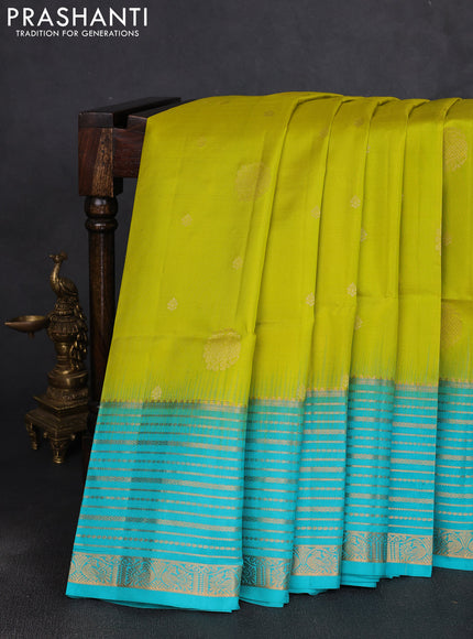 Pure soft silk saree lime green and teal blue with zari woven buttas and long zari woven border