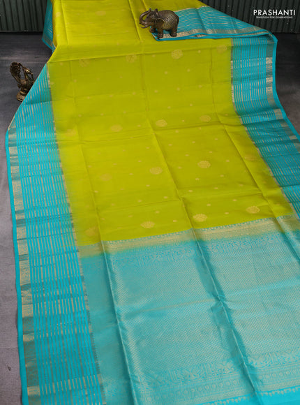 Pure soft silk saree lime green and teal blue with zari woven buttas and long zari woven border