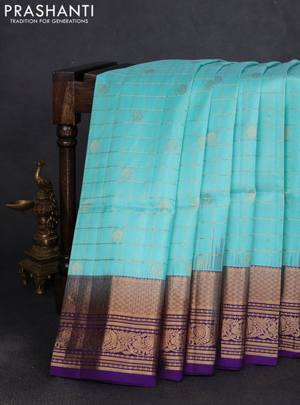 Pure soft silk saree light blue and violet with allover zari checks & buttas and annam zari woven border