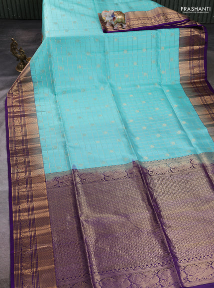 Pure soft silk saree light blue and violet with allover zari checks & buttas and annam zari woven border