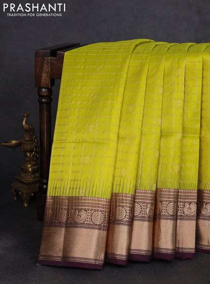 Pure soft silk saree lime yellow and deep wine with allover zari checks & buttas and annam zari woven border