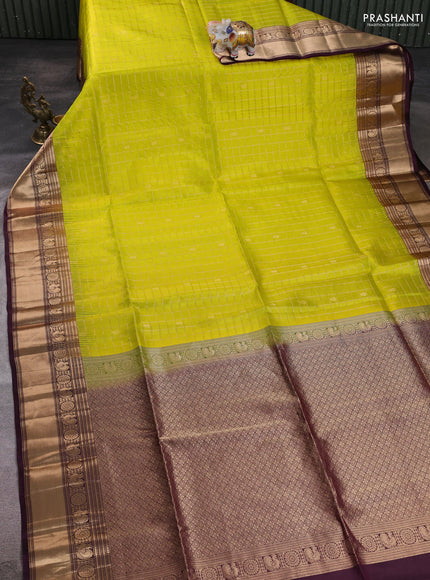 Pure soft silk saree lime yellow and deep wine with allover zari checks & buttas and annam zari woven border