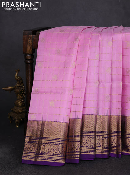 Pure soft silk saree light pink and violet with allover zari checks & buttas and annam zari woven border