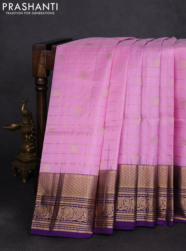 Pure soft silk saree light pink and violet with allover zari checks & buttas and annam zari woven border