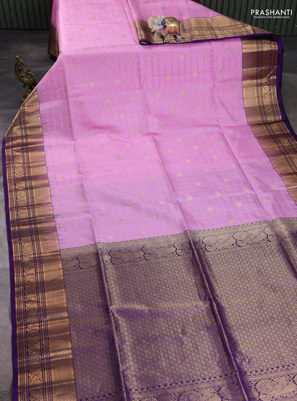 Pure soft silk saree light pink and violet with allover zari checks & buttas and annam zari woven border