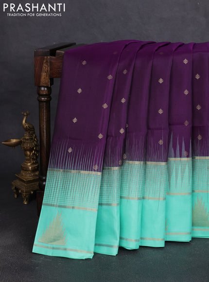 Pure soft silk saree purple and teal green shade with allover zari woven buttas and long zari woven butta border