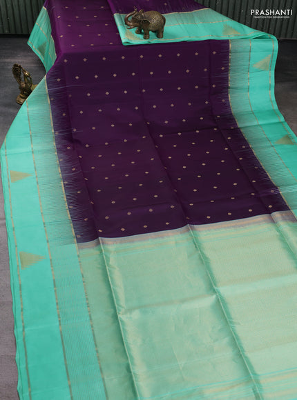 Pure soft silk saree purple and teal green shade with allover zari woven buttas and long zari woven butta border