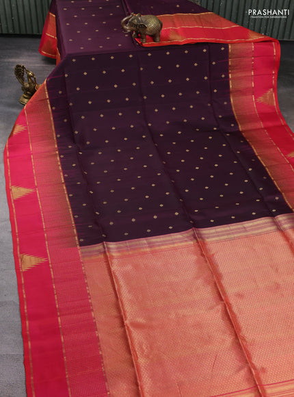Pure soft silk saree wine shade and dual shade of pink with allover zari woven buttas and long zari woven butta border
