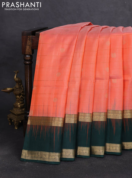 Pure soft silk saree orange and bottle green with allover zari checks & buttas and rettapet zari woven border