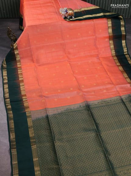 Pure soft silk saree orange and bottle green with allover zari checks & buttas and rettapet zari woven border