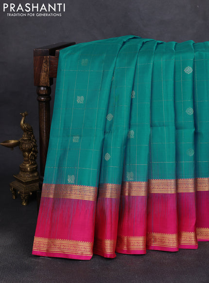 Pure soft silk saree teal blue and pink with allover zari checks & buttas and rettapet zari woven border
