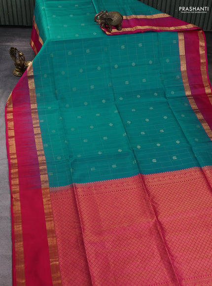 Pure soft silk saree teal blue and pink with allover zari checks & buttas and rettapet zari woven border