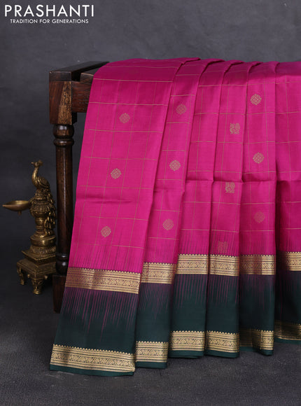 Pure soft silk saree magenta pink and bottle green with allover zari checks & buttas and rettapet zari woven border