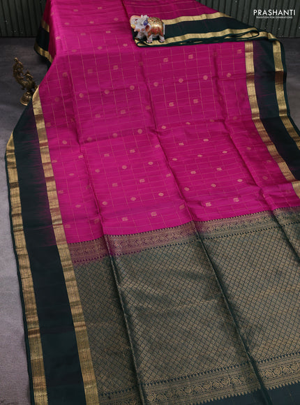 Pure soft silk saree magenta pink and bottle green with allover zari checks & buttas and rettapet zari woven border