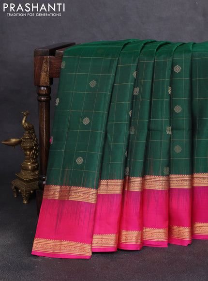 Pure soft silk saree bottle green and pink with allover zari checks & buttas and rettapet zari woven border