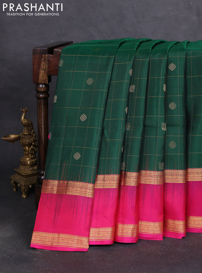Pure soft silk saree bottle green and pink with allover zari checks & buttas and rettapet zari woven border