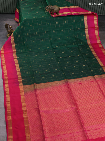Pure soft silk saree bottle green and pink with allover zari checks & buttas and rettapet zari woven border
