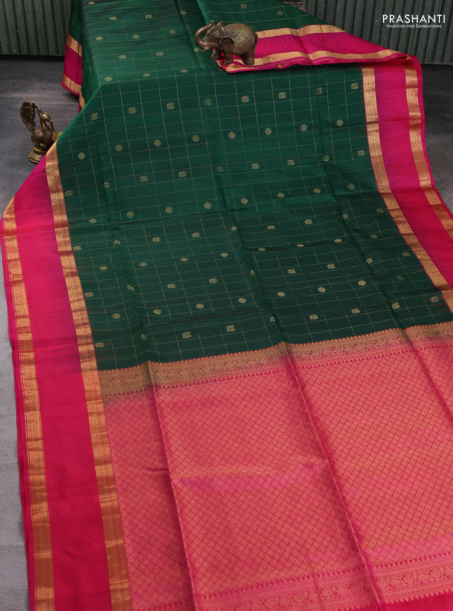 Pure soft silk saree bottle green and pink with allover zari checks & buttas and rettapet zari woven border