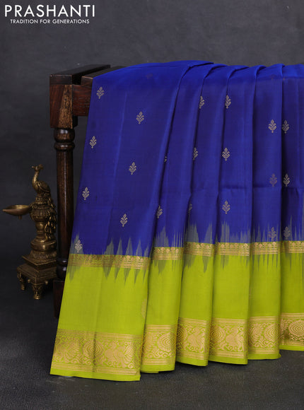 Pure soft silk saree blue and lime green with zari woven buttas and rettapet zari woven border