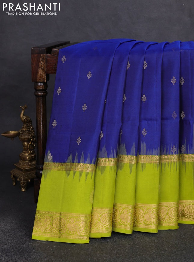 Pure soft silk saree blue and lime green with zari woven buttas and rettapet zari woven border