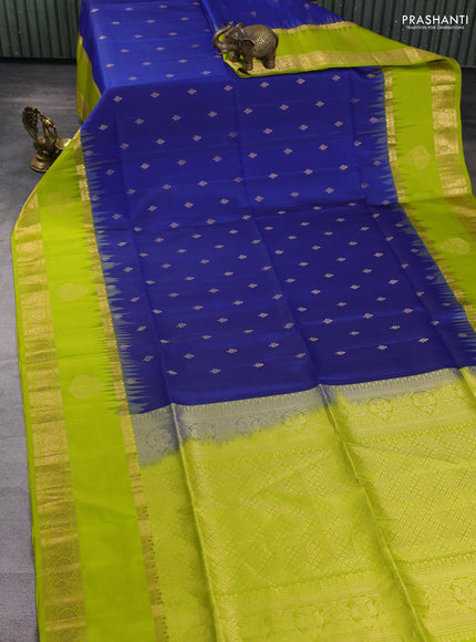 Pure soft silk saree blue and lime green with zari woven buttas and rettapet zari woven border