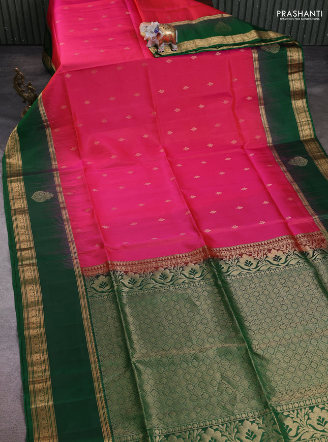 Pure soft silk saree pink and green with allover zari woven buttas and long zari woven checked butta border