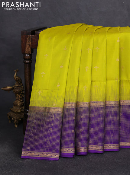 Pure soft silk saree lime yellow and violet with allover zari woven buttas and long zari woven checked butta border