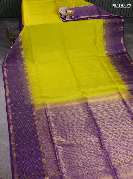 Pure soft silk saree lime yellow and violet with allover zari woven buttas and long zari woven checked butta border