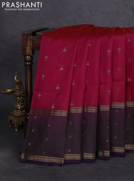 Pure soft silk saree pink and deep violet with allover zari woven buttas and long zari woven checked butta border