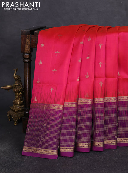 Pure soft silk saree pink and purple with allover zari woven buttas and long zari woven checked butta border