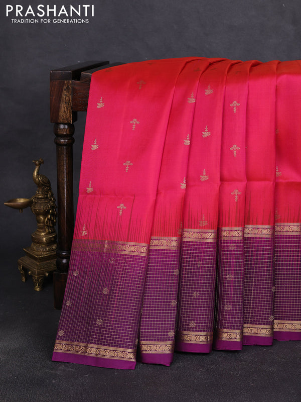 Pure soft silk saree pink and purple with allover zari woven buttas and long zari woven checked butta border