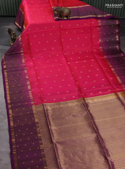 Pure soft silk saree pink and purple with allover zari woven buttas and long zari woven checked butta border