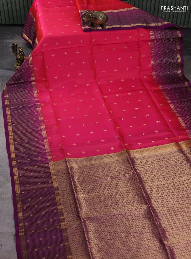 Pure soft silk saree pink and purple with allover zari woven buttas and long zari woven checked butta border