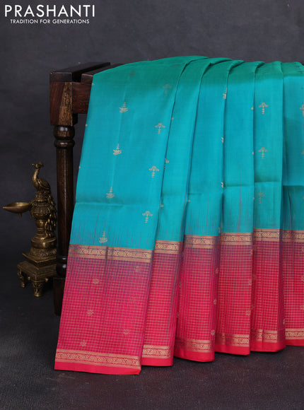 Pure soft silk saree teal blue and dual shade of pink with allover zari woven buttas and long zari woven checked butta border