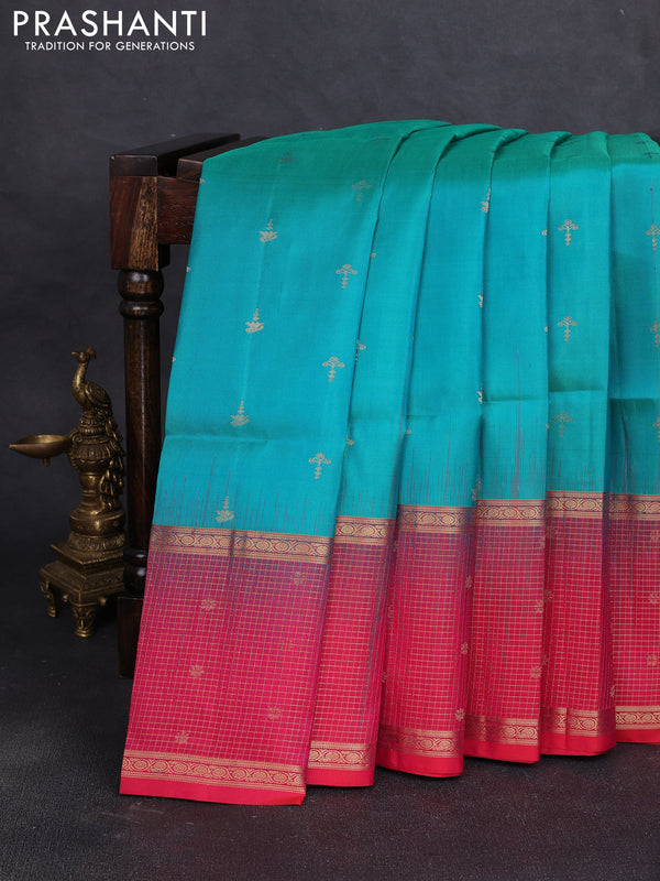 Pure soft silk saree teal blue and dual shade of pink with allover zari woven buttas and long zari woven checked butta border