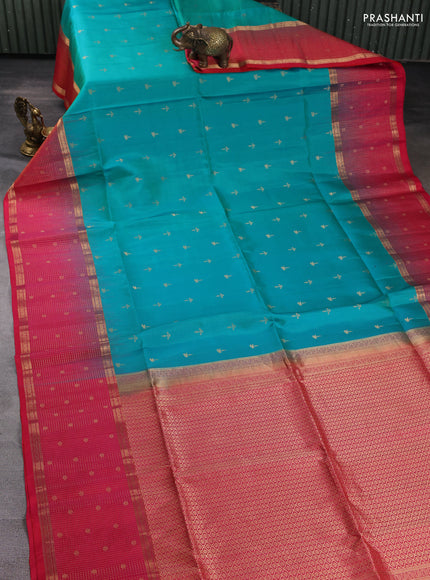 Pure soft silk saree teal blue and dual shade of pink with allover zari woven buttas and long zari woven checked butta border