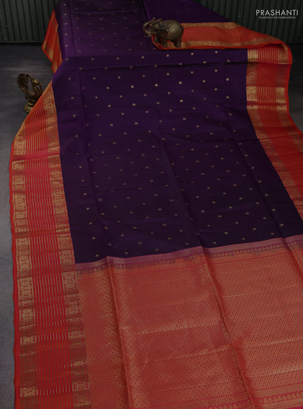 Pure soft silk saree purple and dual shade of pinkish orange with allover zari woven buttas and zari woven border